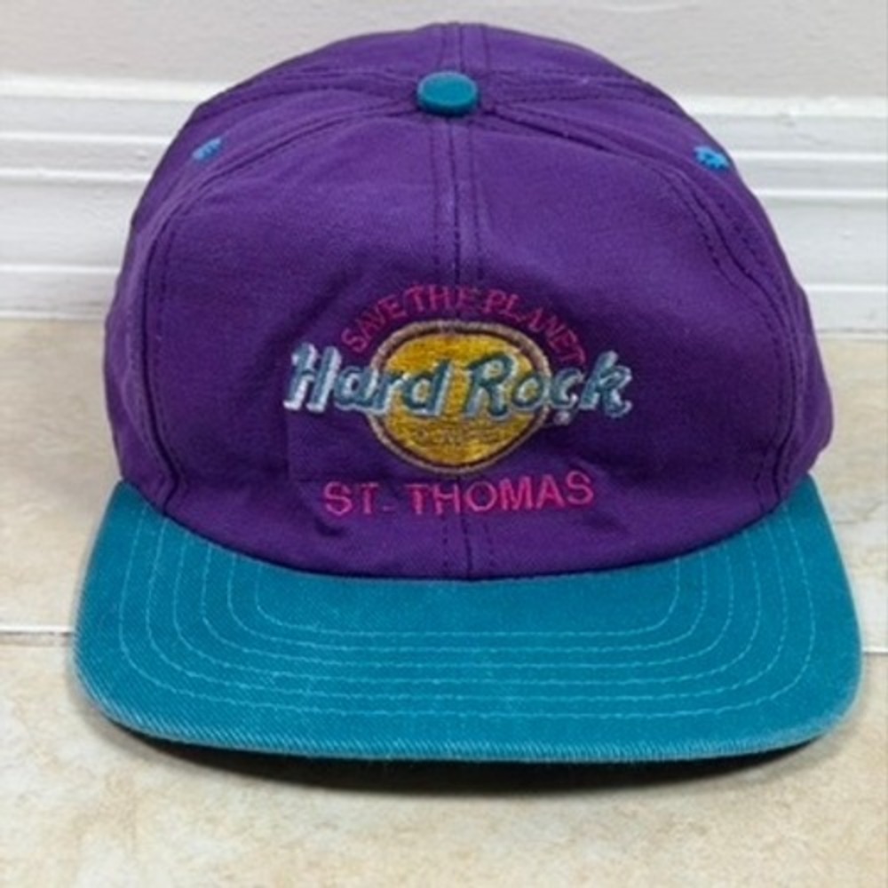 Vintage 90s Hard Rock Cafe Snapback Hat St Thomas Purple Teal Made in USA